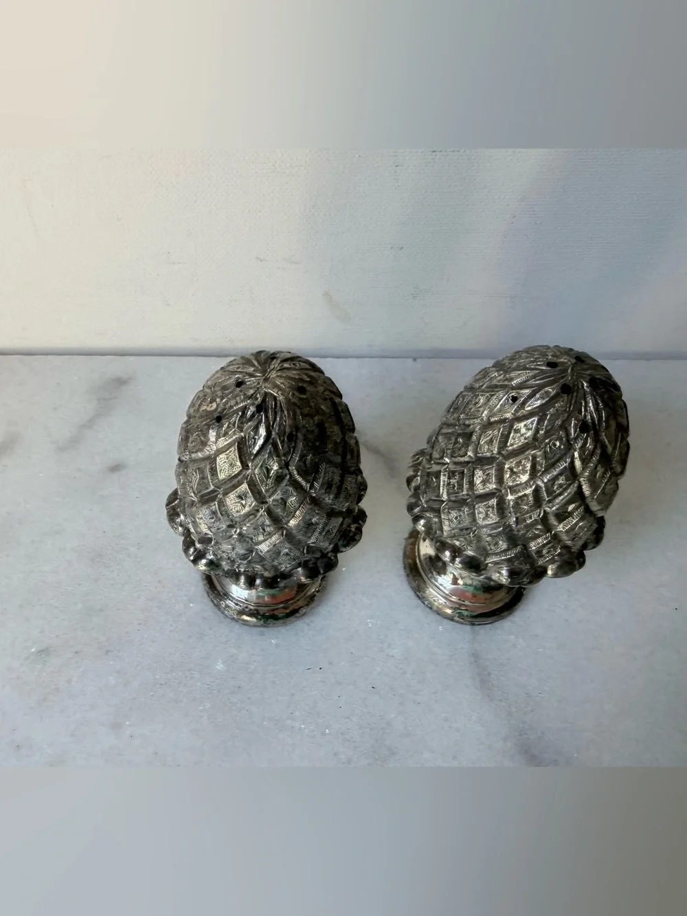 Decorative Pineapple Pewter Salt and Pepper Set vintage